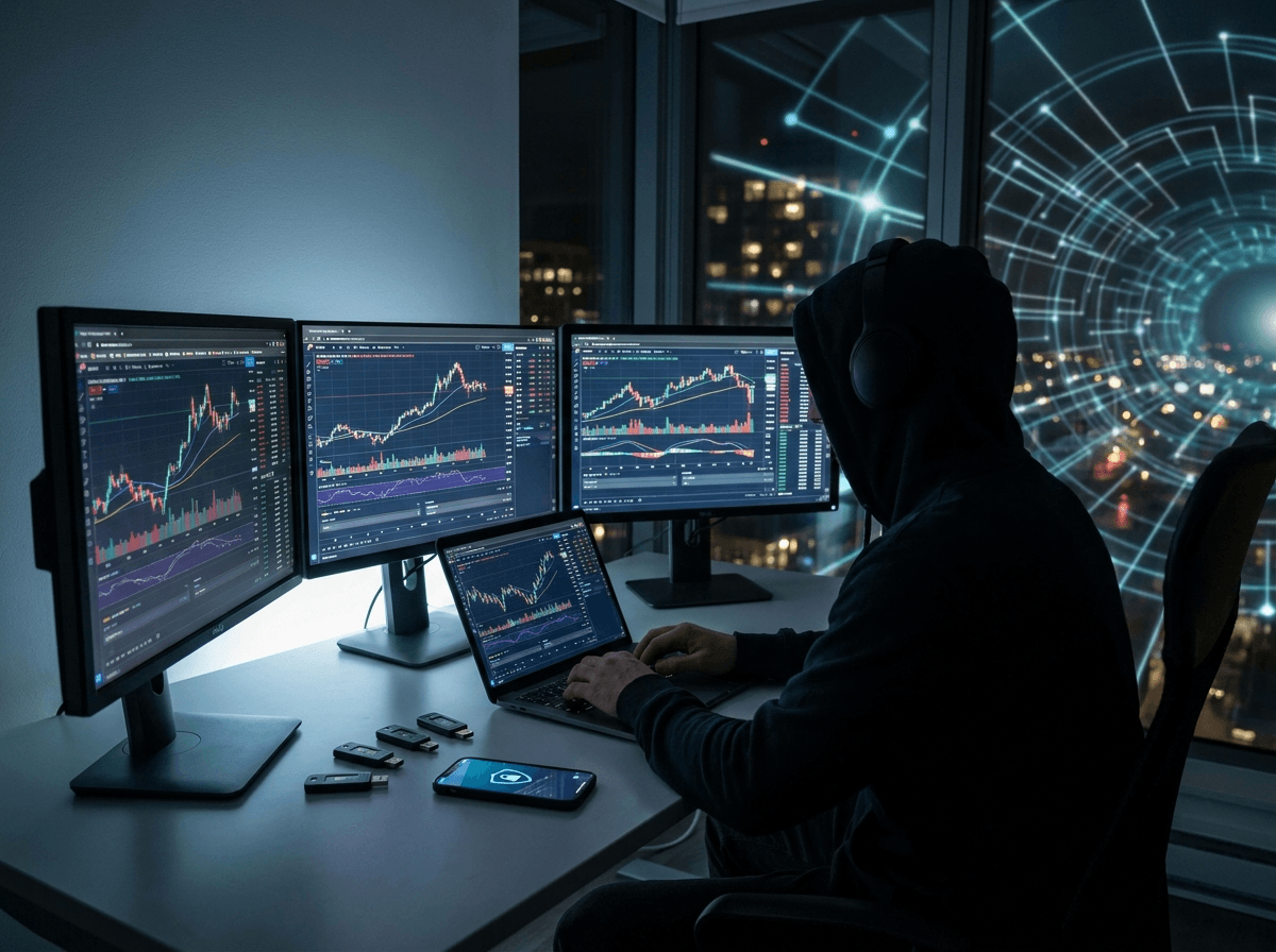 Trader at multi-monitor desk with VPN status indicator